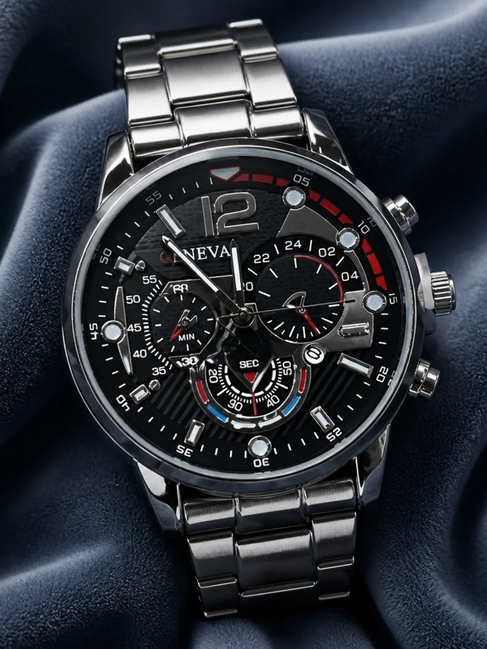 Men’s Geneva Black Dial Stainless Steel Watch with Red Accents 3 time zones